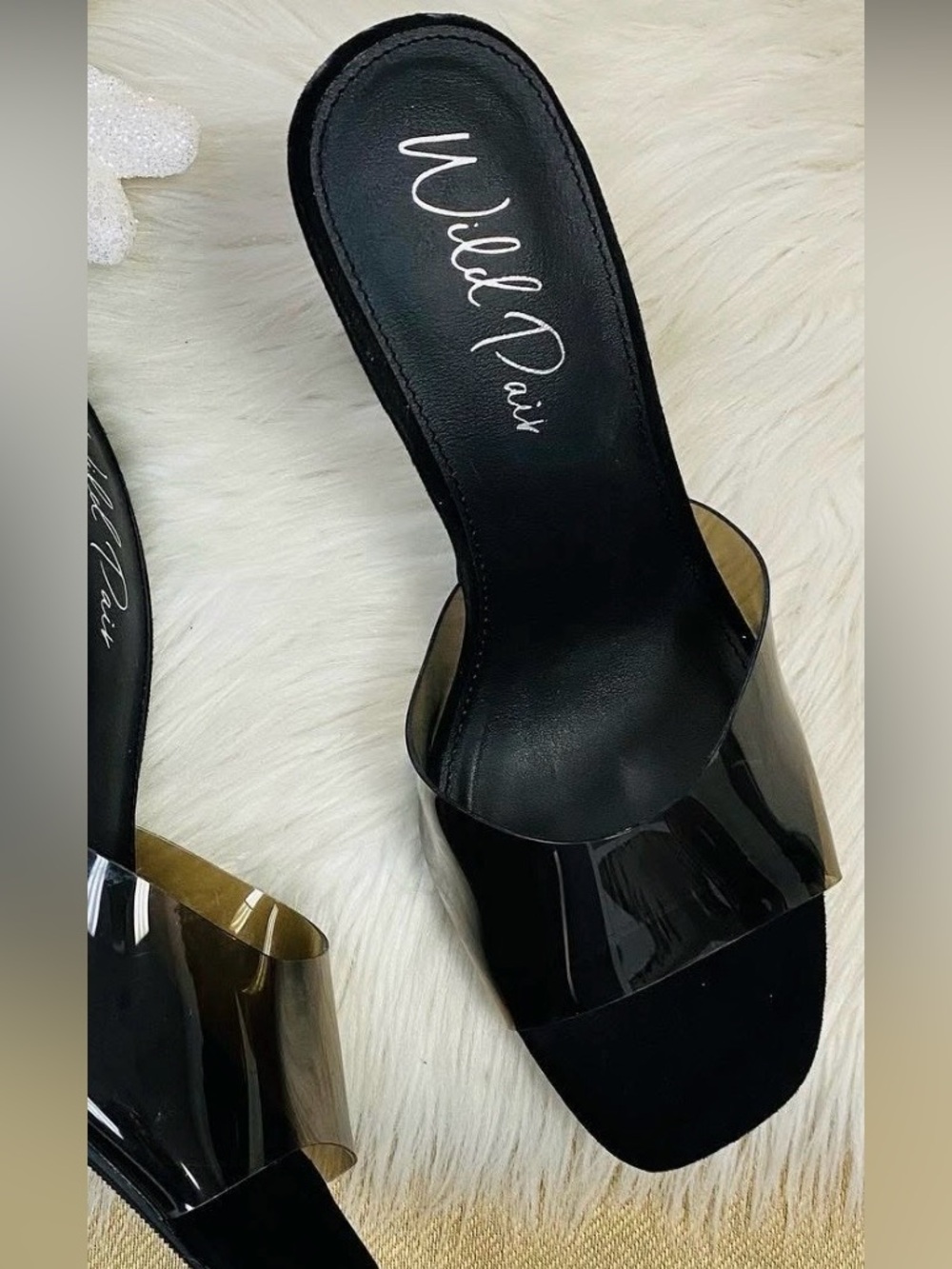 Wild Pair Luunav Black Mules with Smoky Clear Vinyl Strap